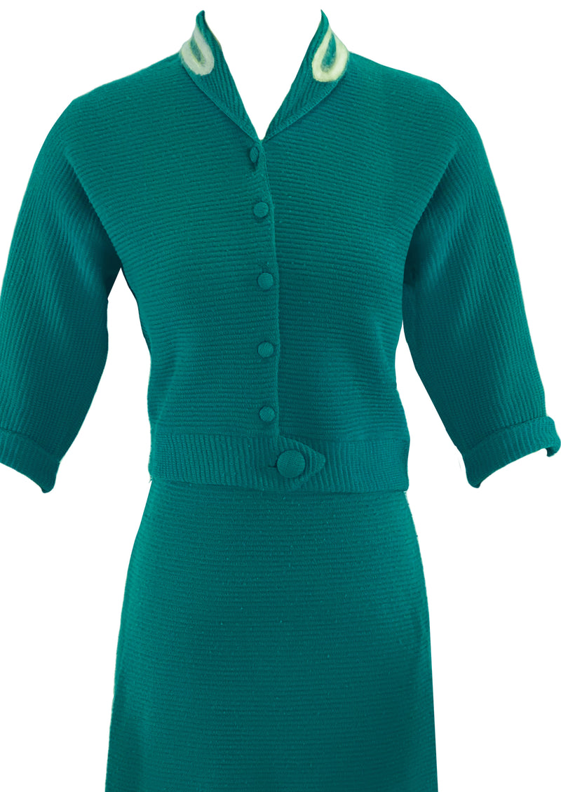 Vintage Early 1960s Teal Coloured Wool Knit Suit - NEW!