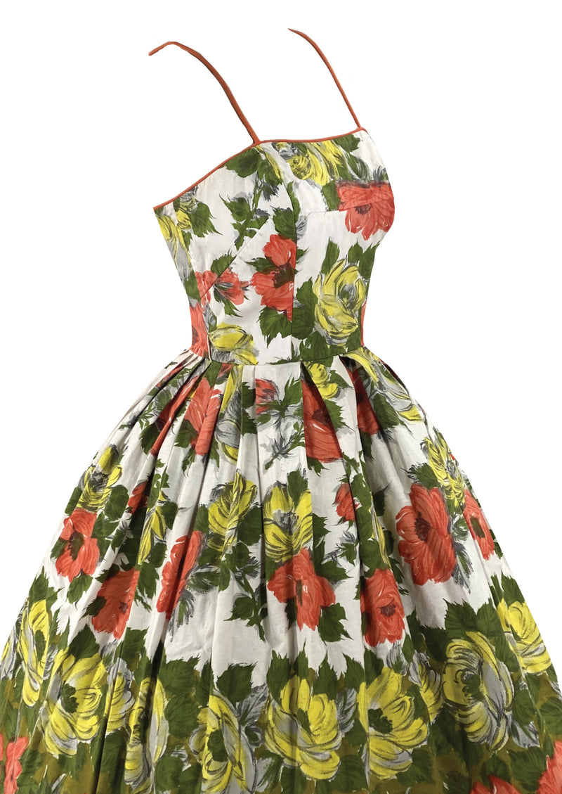 Vintage 1950s Golden and Tangerine Roses Cotton Dress - New!