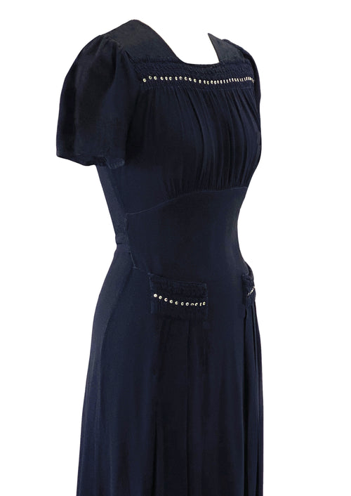 Beautiful Early 1940s Navy Blue Crepe Studded Dress - New!