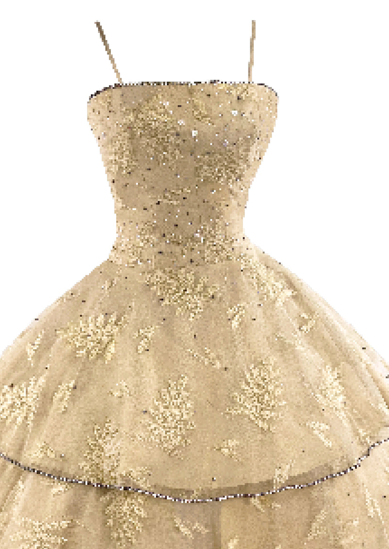 Late 1950s Rhinestone & Sequins Champagne Tulle Cocktail Dress - NEW!