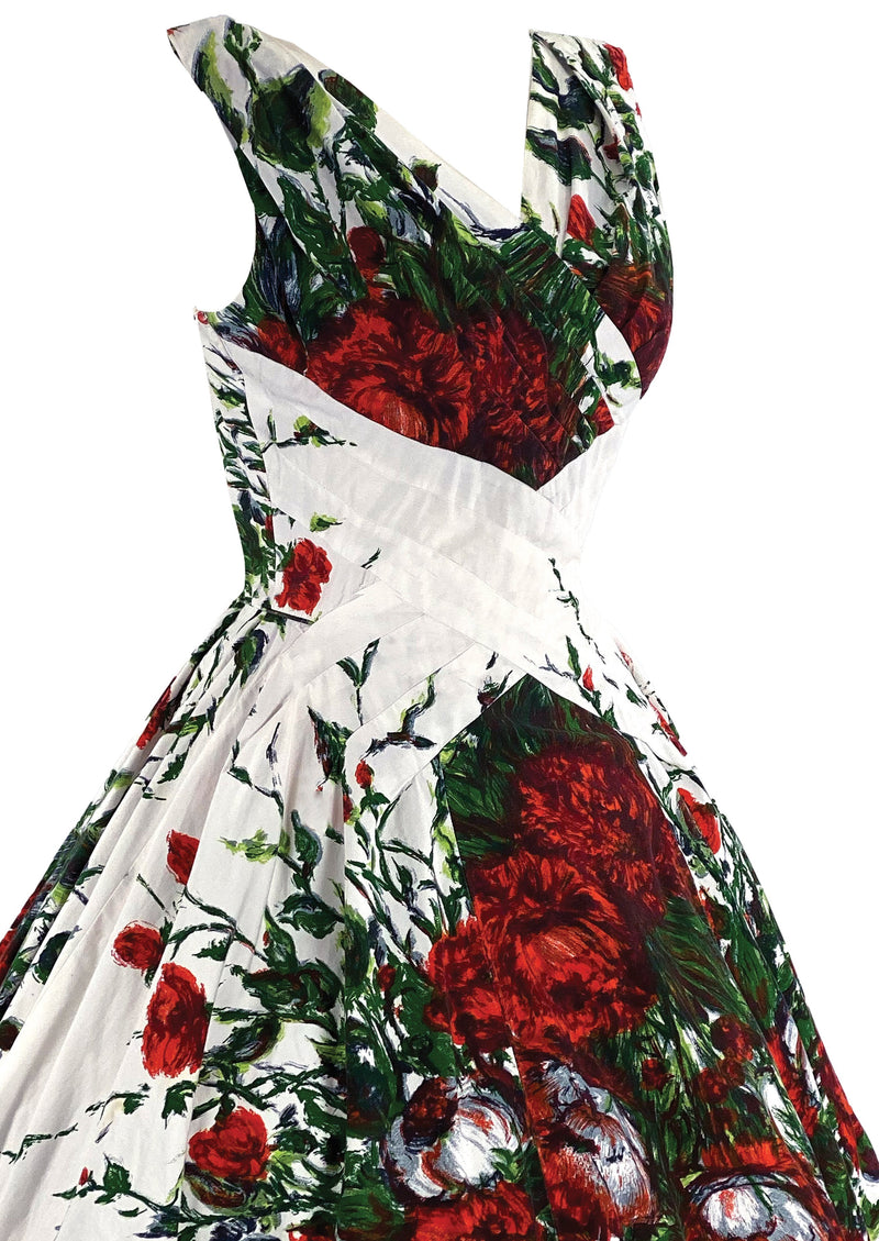 Late 1950s Spectacular Red Floral Print Designer Dress- New!