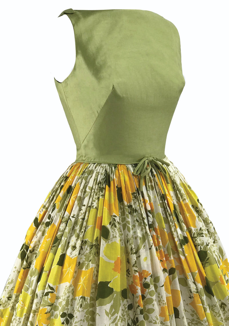 Vintage 1950s Green and Yellow Floral Cotton Sundress- New!
