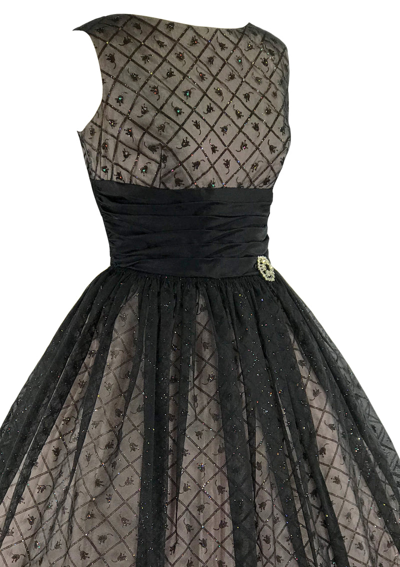 Vintage 1950s Black Flocked Chiffon Glitter Party Dress - New! Coutura Vintage Vintage 1950s Black Flocked Chiffon Glitter Party Dress - New! Coutura Vintage