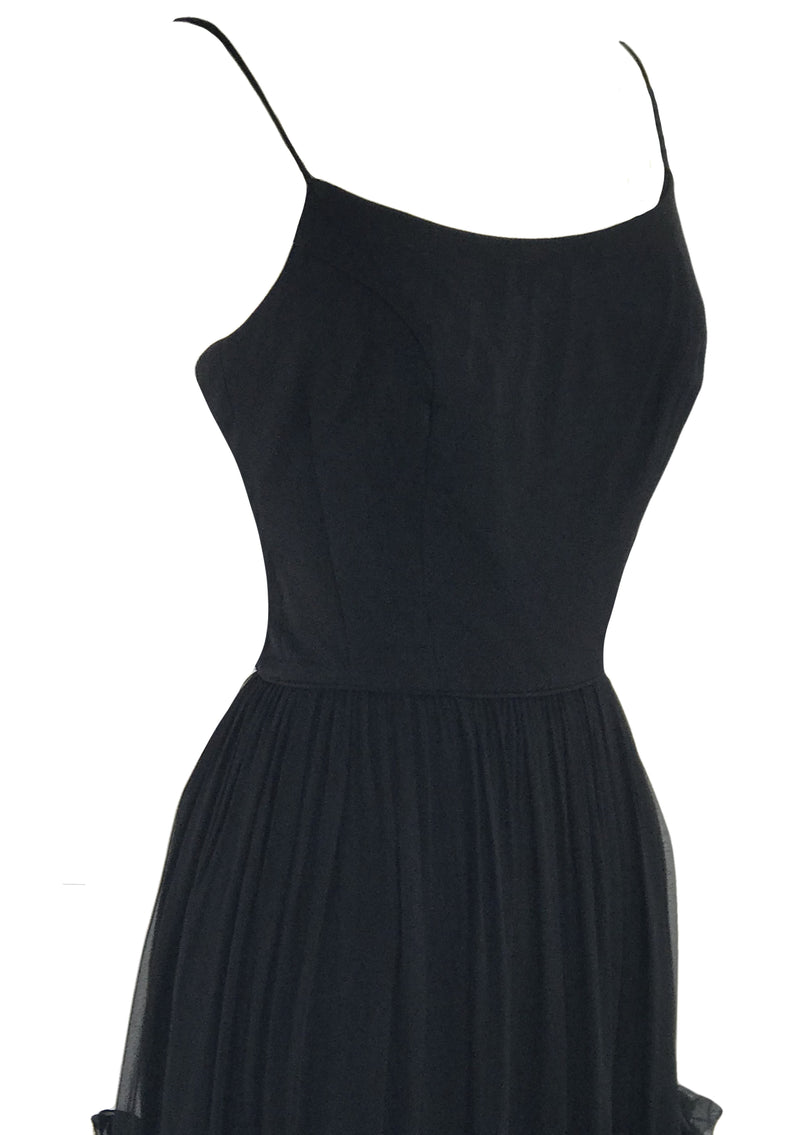 Sophisticated Early 1960s Black Chiffon Ruffle Dress - New!