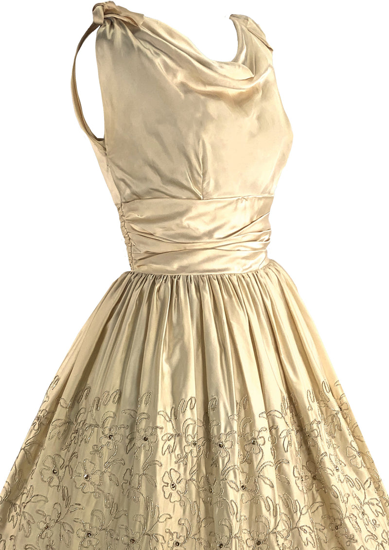 1950s Beaded Pale Gold Silk Satin Cocktail Dress - New!