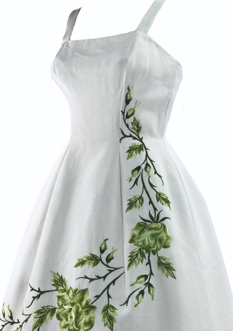 Vintage Late 1950s Ivory Faille Dress with Green Embroidery - New!