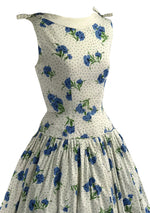 Vintage 1950s Blue Carnations & Dots Cotton Dress- New!