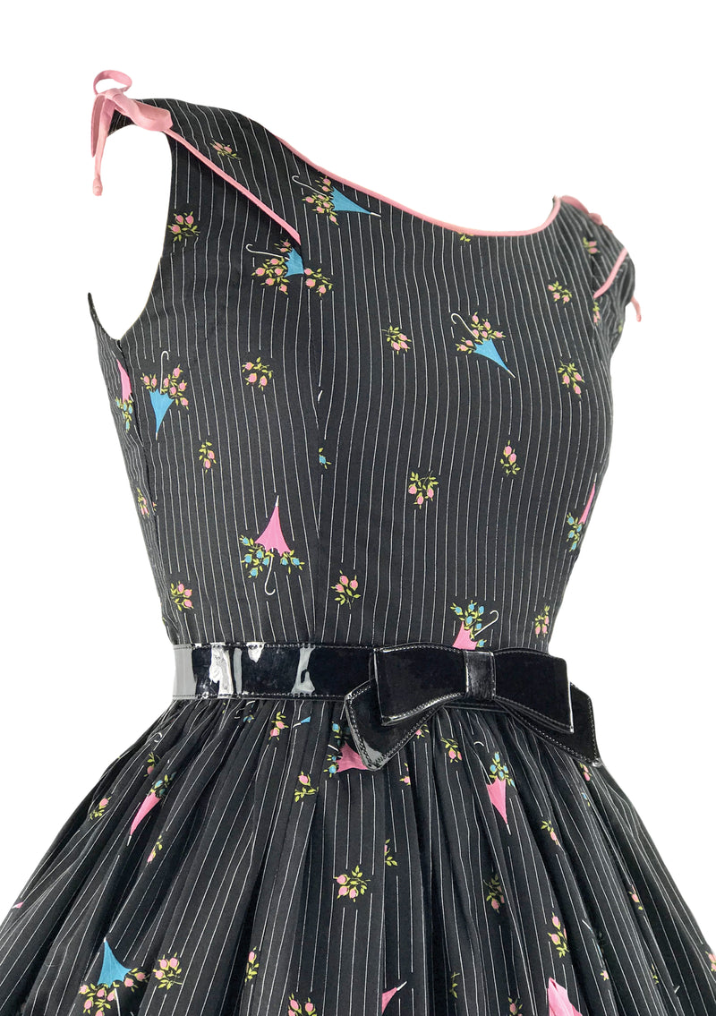 1950s Black Novelty Parasols and Roses Cotton Dress - New!