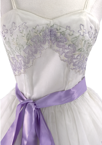 1950s Lilac & Green Embroidered Chiffon Party Dress - New!