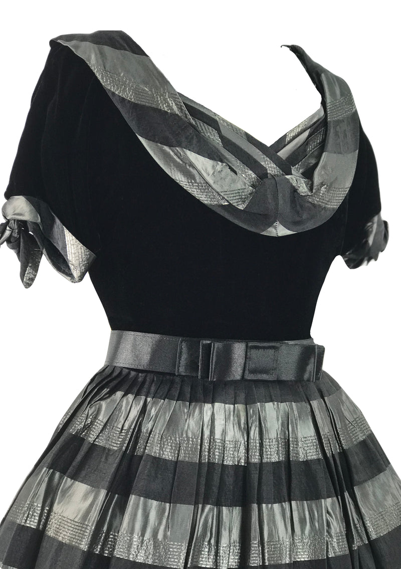 Late 1940s Black Velvet & Silver Striped Taffeta Dress- New!
