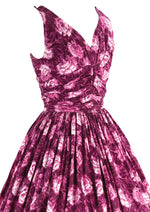 1950s Magenta Carnations Print Cotton Dress -  New!