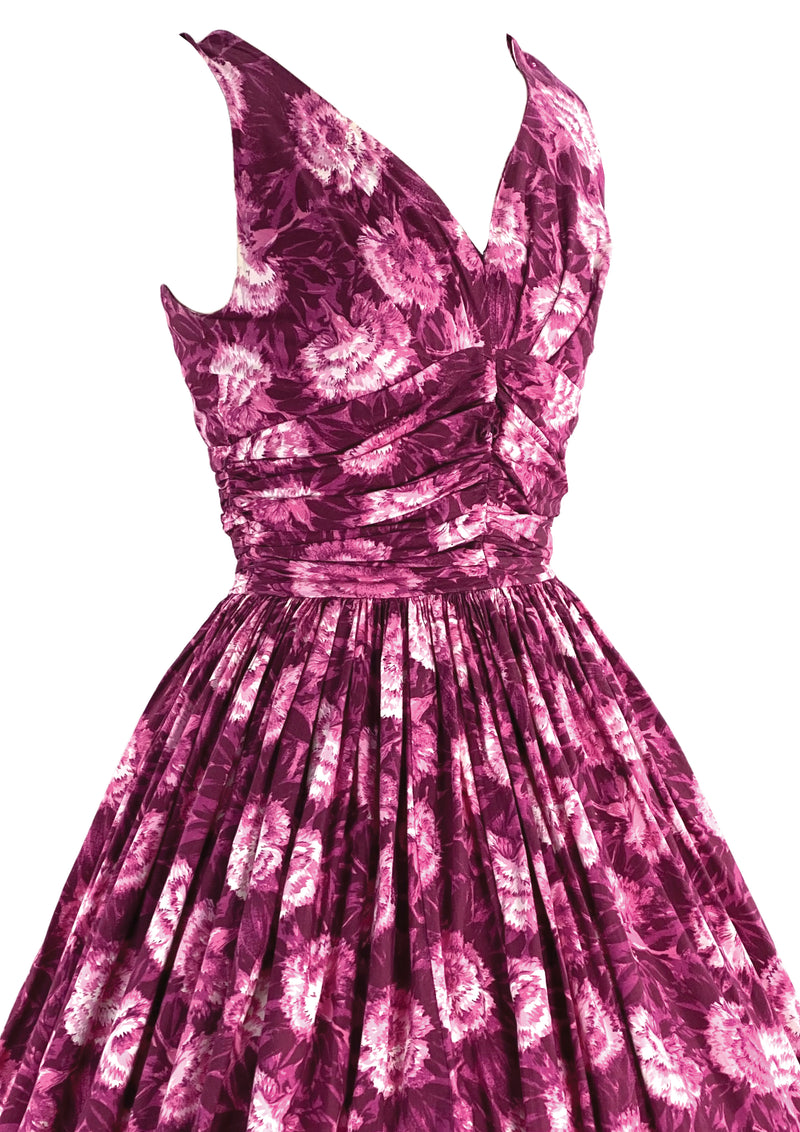 1950s Magenta Carnations Print Cotton Dress -  New!