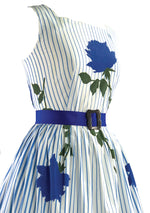 1950s Vivid Blue Roses and Stripes Cotton Dress - New! (ON HOLD)