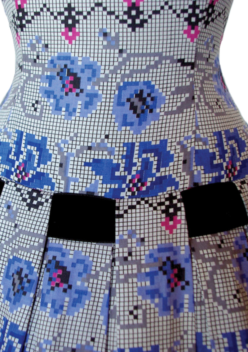 1950's Blue Floral Tapestry Print Cotton Dress- New