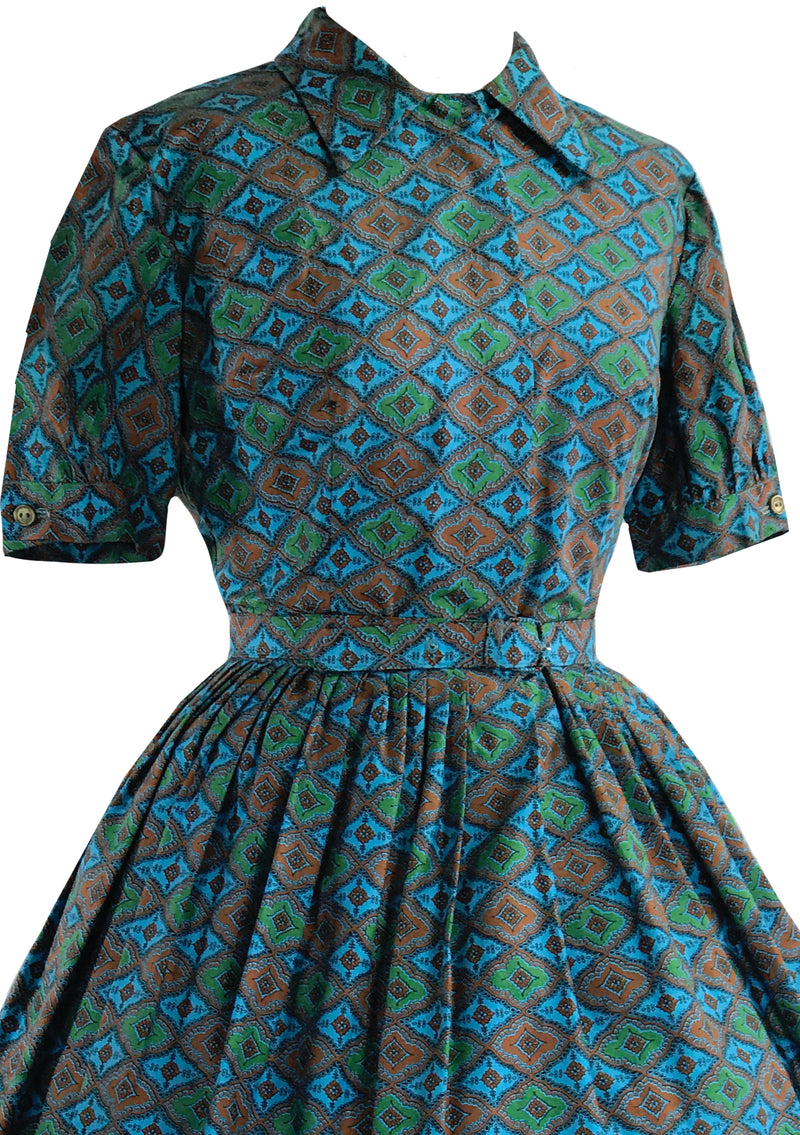Late 1950s Early 1960s Blue Foulard Print Dress- New!