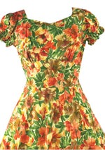 Pretty 1950s Orange Hibiscus Floral Cotton Dress - New!