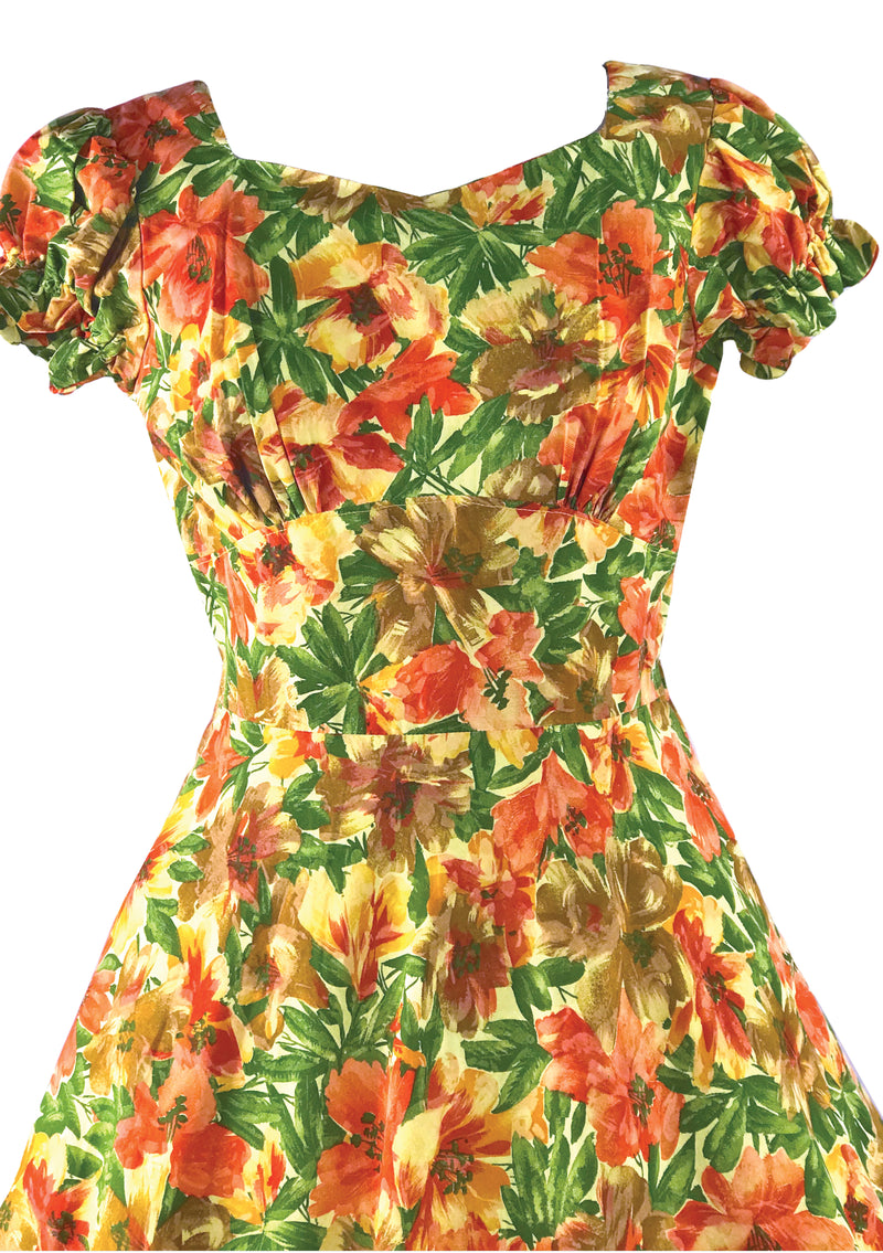 Pretty 1950s Orange Hibiscus Floral Cotton Dress - New!