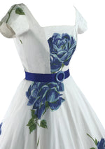 1950s Huge Blue Long Stem Roses Pique Dress - New!