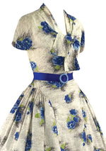 Vintage 1950s Blue Floral Silk Blend Dress - New! (ON HOLD)