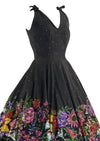 Spectacular 1950s Black Cotton Dress with Floral Appliqués - New!