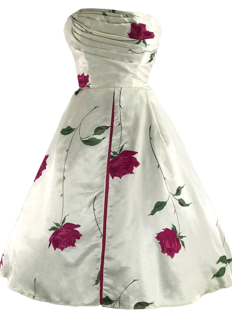 1950s Red Roses on Ivory Satin Party Dress Ensemble- New!