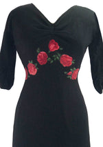 Vintage 1950s Designer Black Wool Jersey Dress with Rose Appliques- New!
