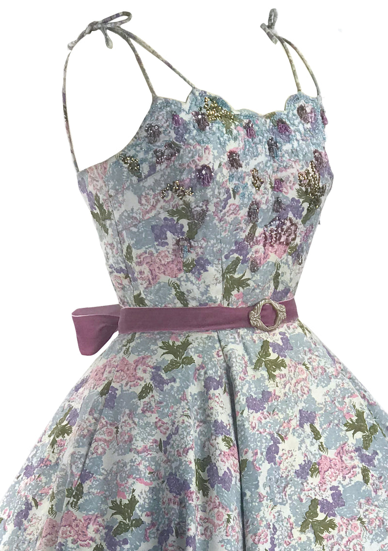 Vintage 1950s Pink and Blue Floral Designer Dress - New!