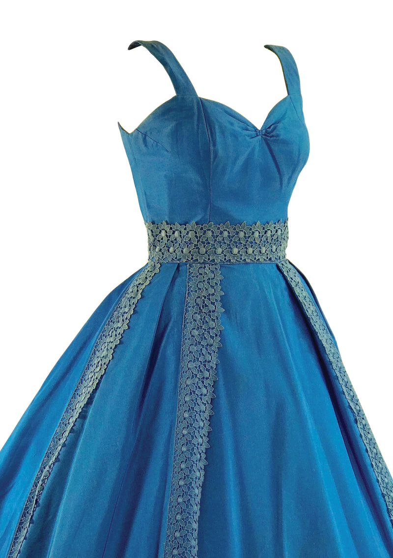 Vintage 1950s Capri Blue Glazed Cotton with Lace Dress - New!