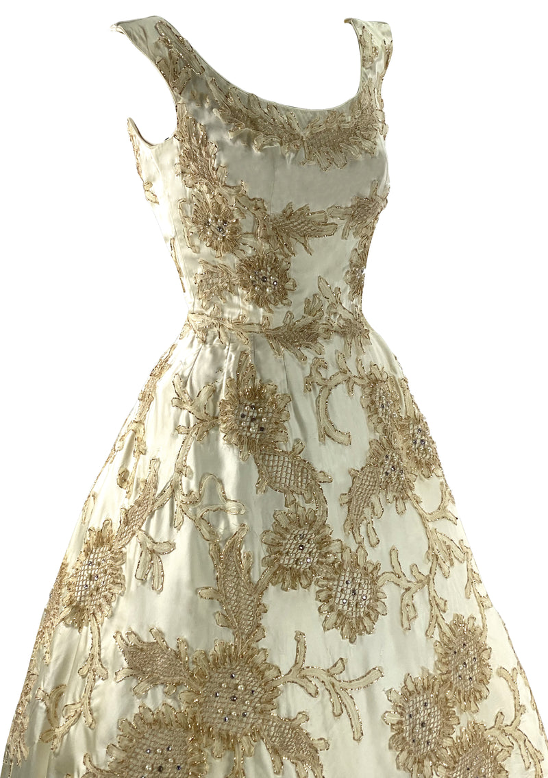 1950s Cream Silk Satin Ceil Chapman Designer Cocktail Party Dress- New!