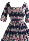 Vintage 1950s Floral Garland Navy Cotton Dress- New!