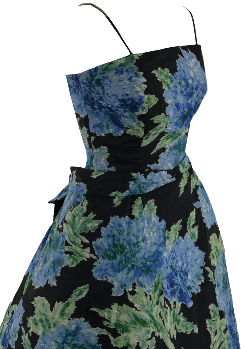 1950s Muted Blue Roses Taffeta Party Dress- New!