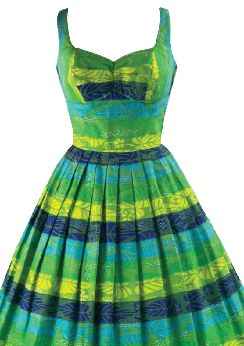 Vintage 1950s Blue & Green Cotton Kamehameha Dress - New!