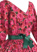 Spectacular 950s 1960s Magenta Roses Cotton Dress  - New!