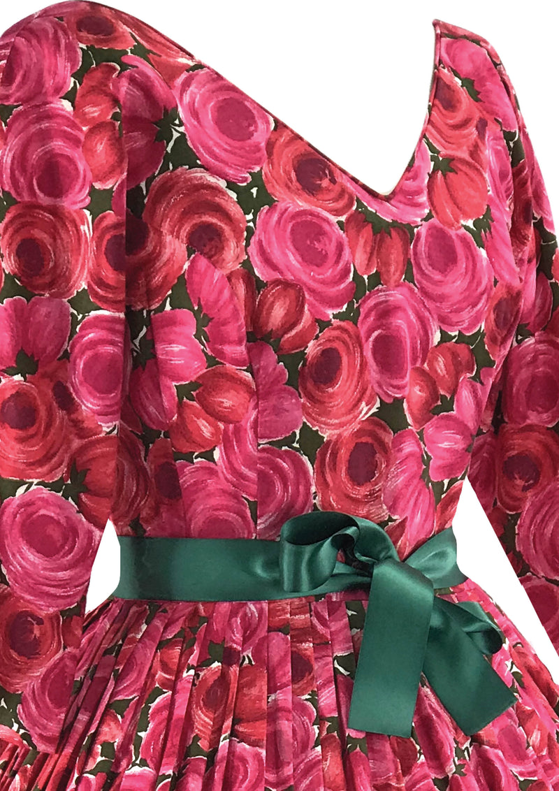 Spectacular 950s 1960s Magenta Roses Cotton Dress  - New!