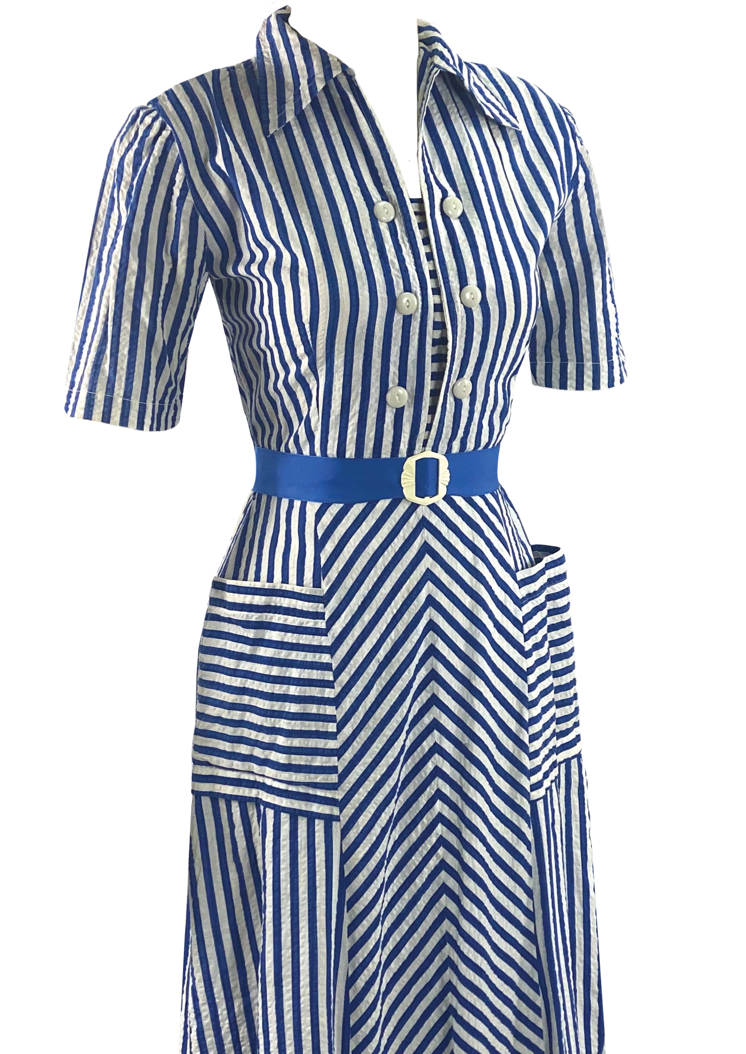 Late 1930s Early 1940s Blue and White Chevron Stripe Dress - NEW! Coutura Vintage Late 1930s Early 1940s Blue and White Chevron Stripe Dress - NEW! Coutura Vintage