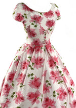 Vintage 1950s Large Pink Roses Pique Cotton Dress - New