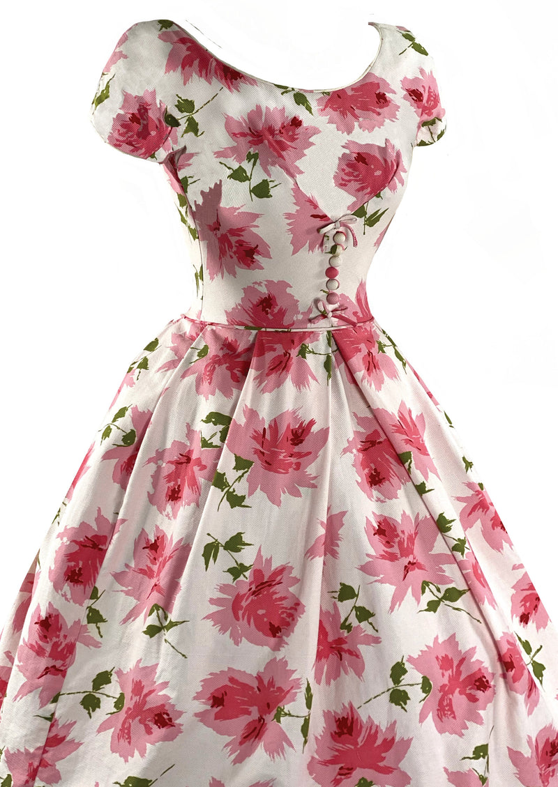 Vintage 1950s Large Pink Roses Pique Cotton Dress - New