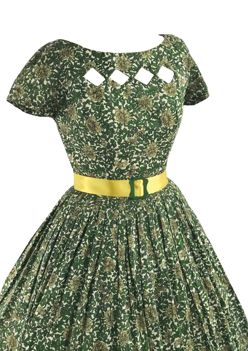 Vintage 1950s Green Floral Scrollwork Cotton Dress - New!