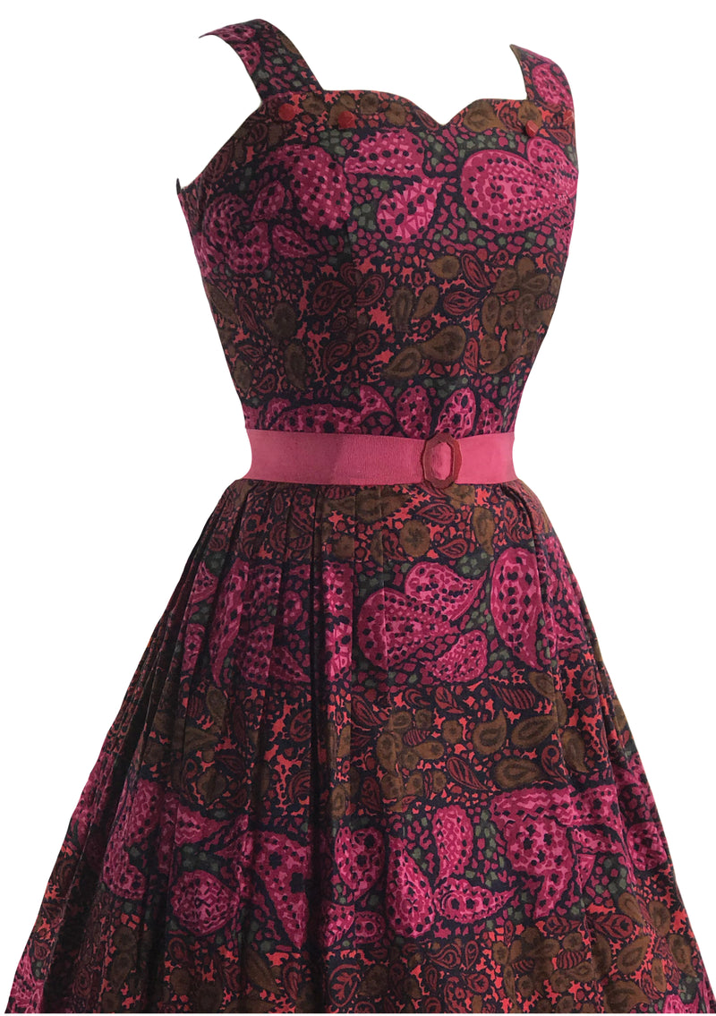 Vintage 1950s Magenta Paisley Print Cotton Dress- New!