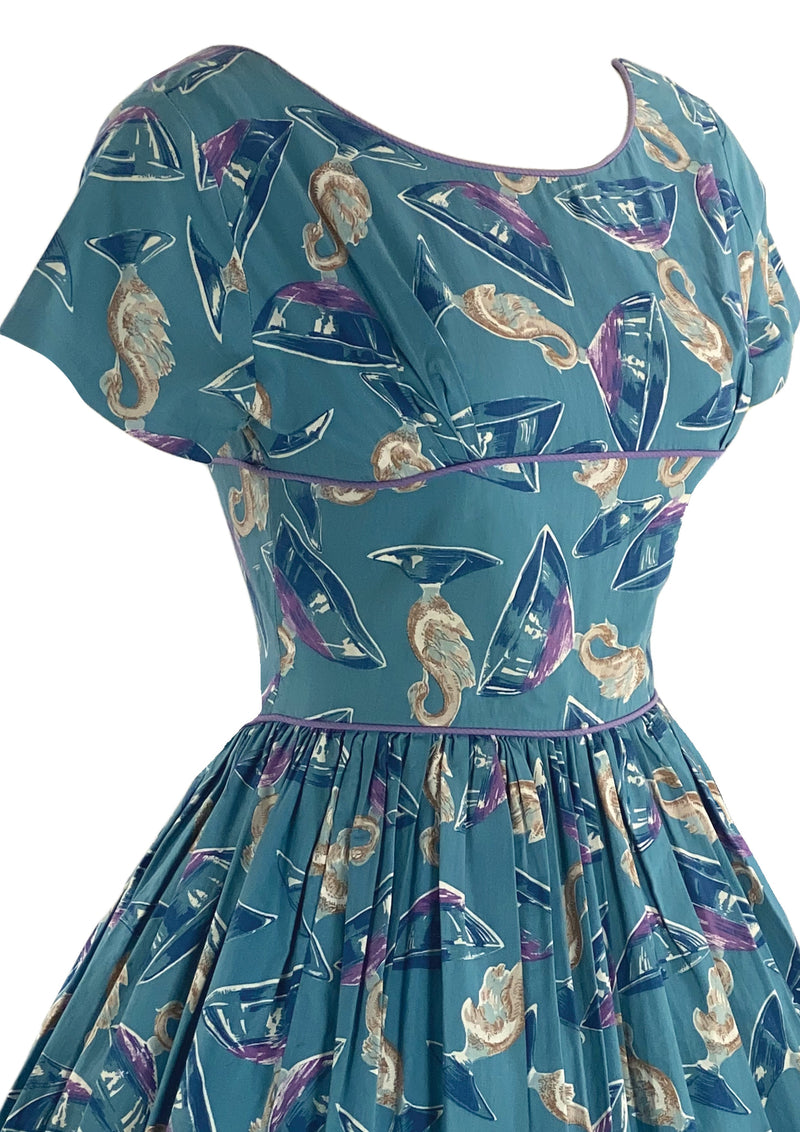 1950s Novelty Print Teal Blue Cotton Dress- New!