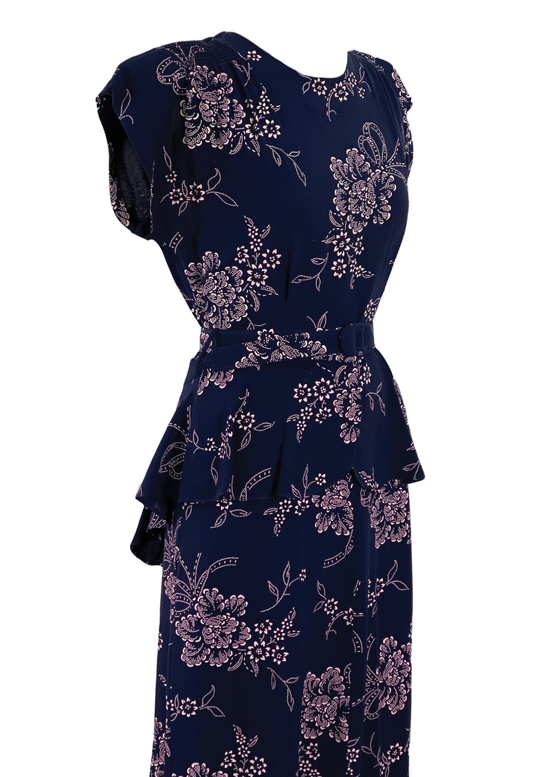 Vintage 1940s Navy Rayon with Pink Flower Print Dress- New!