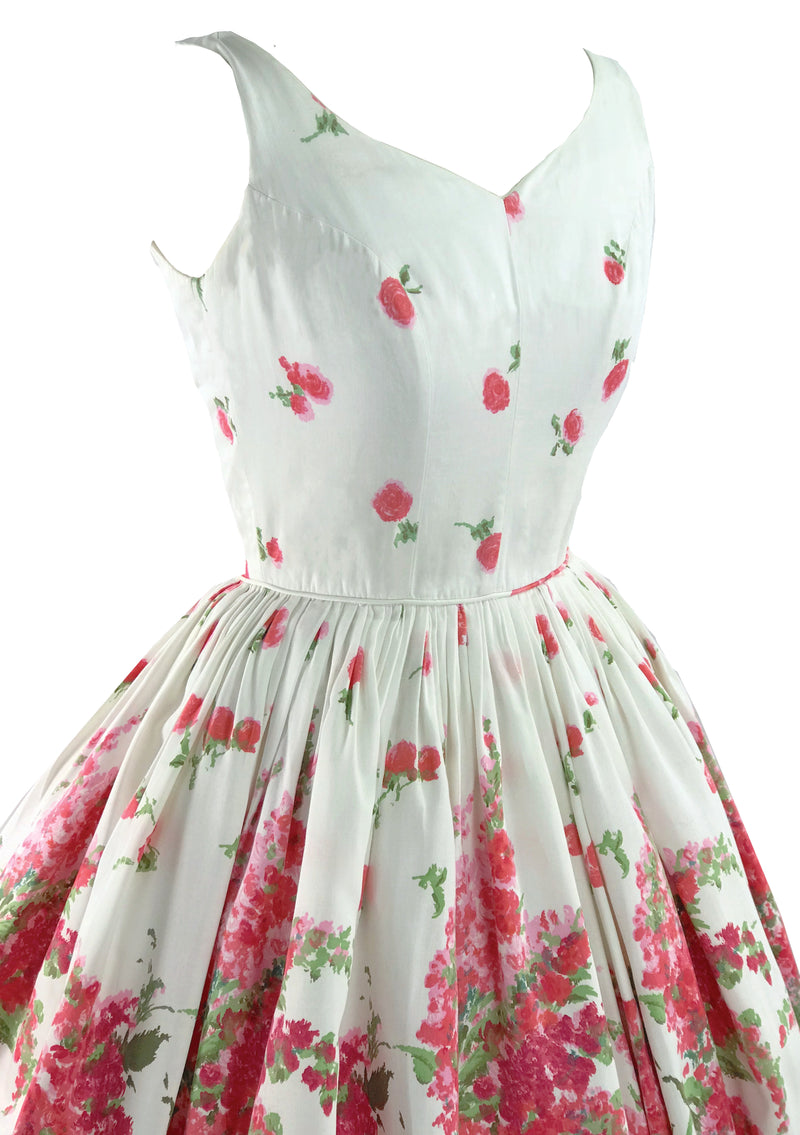Vintage 1950s Glazed Cotton Pink Floral Border Dress  - New!