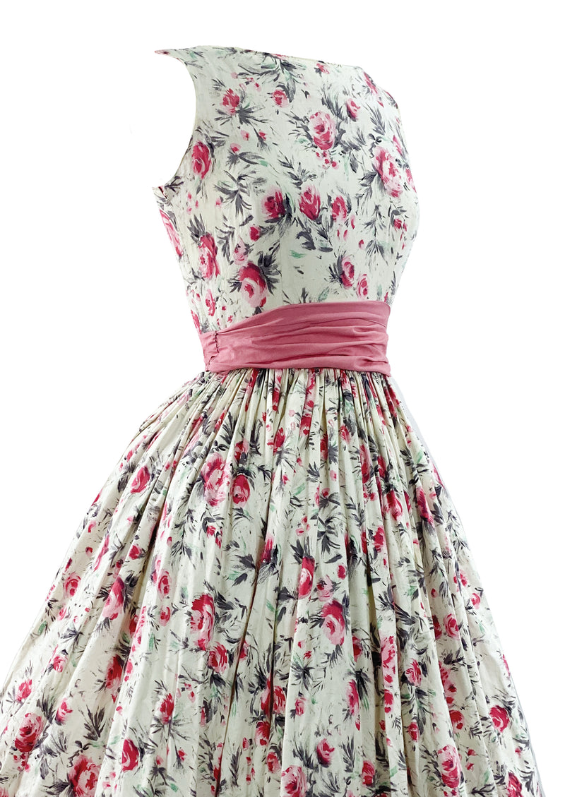 Vintage Late 1950s British Cotton Designer Dress with Pink Roses - New!