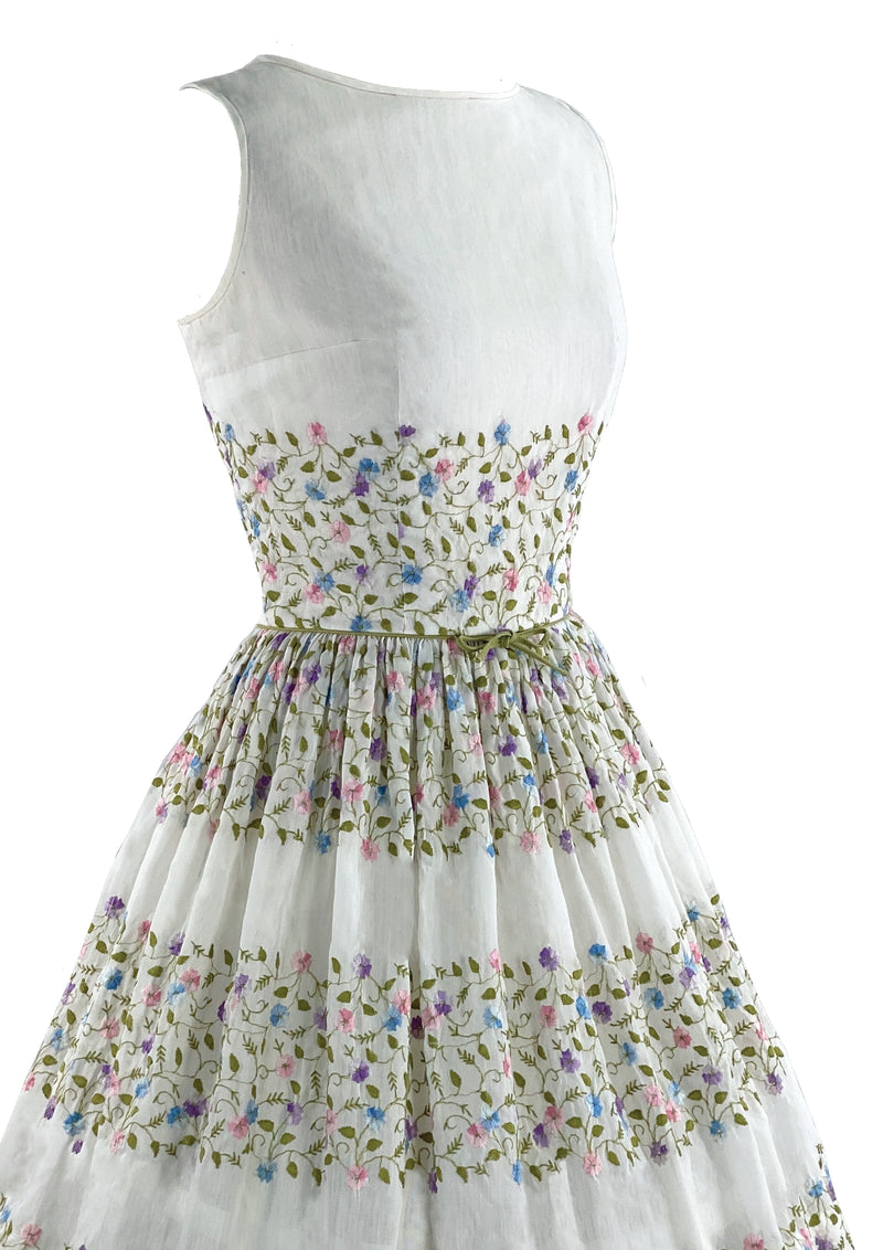 Lovely 1950s White Cotton Embroidered Dress- New!