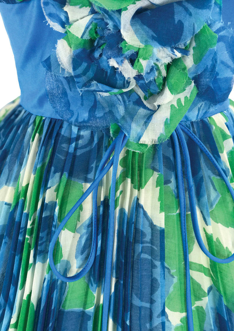 Early 1960's Blue & White Roses Print Cotton Party Dress - New!