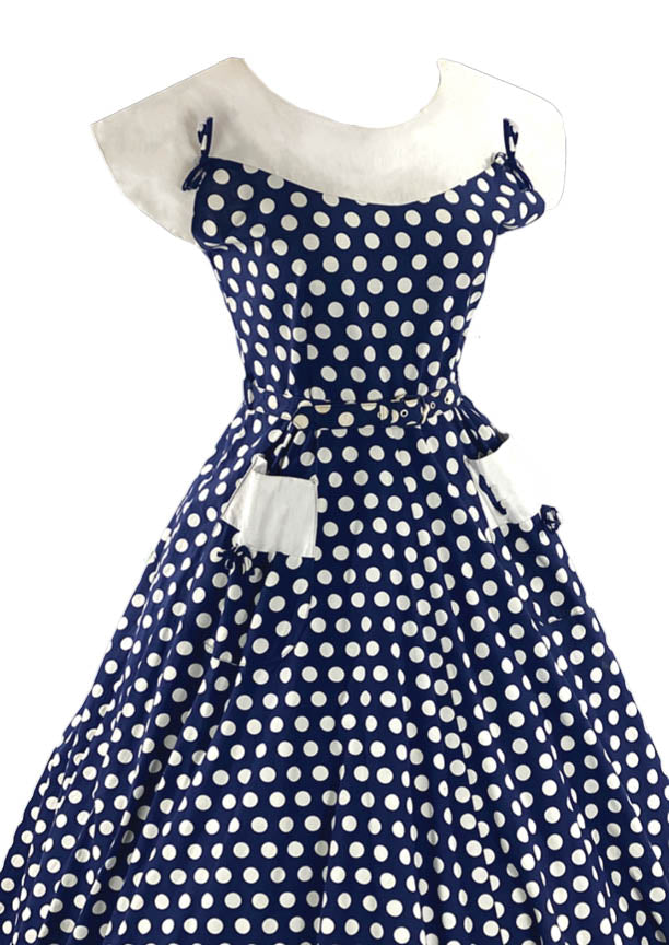Striking 1950s Blue and White Polka Dot Cotton Dress- New!