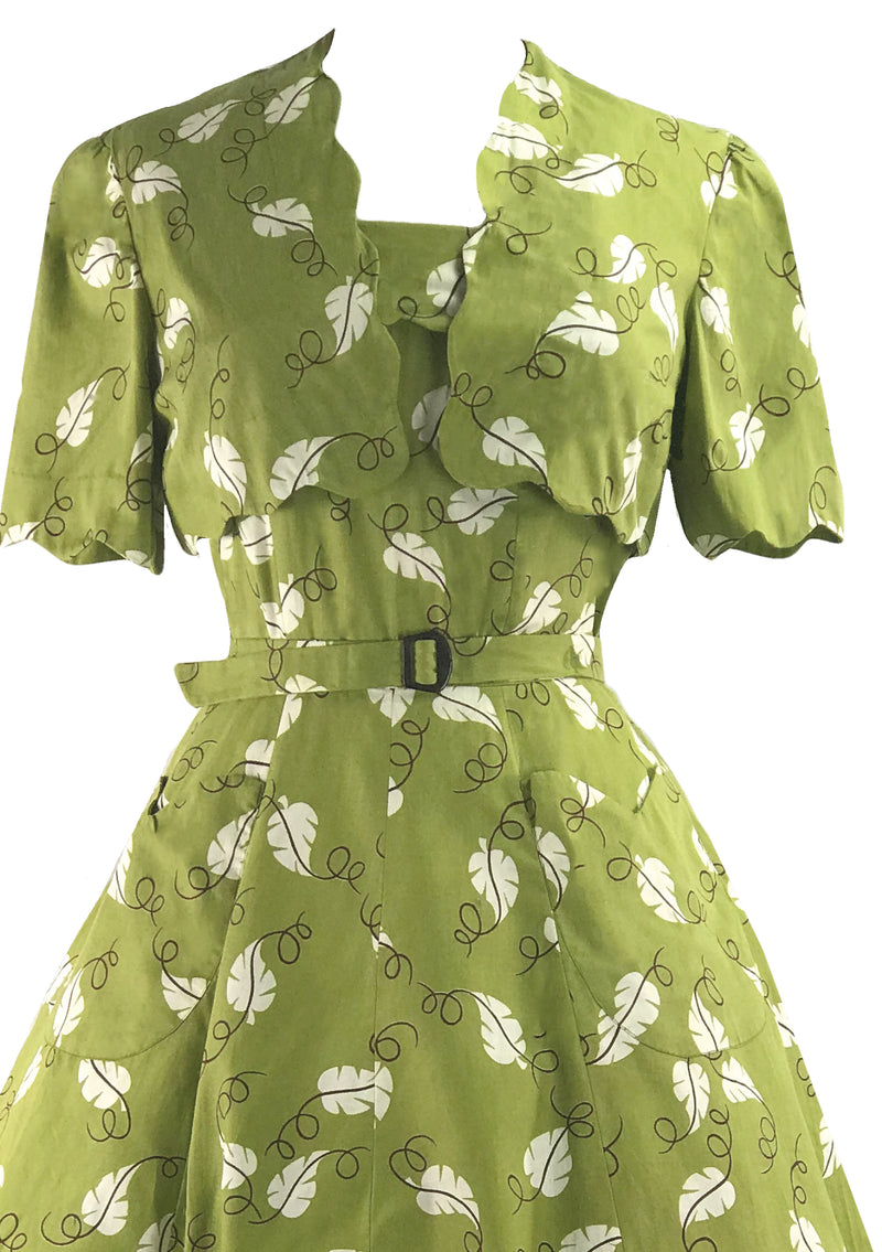 Vintage 1950s Green Leaf Cotton Dress Ensemble- New!