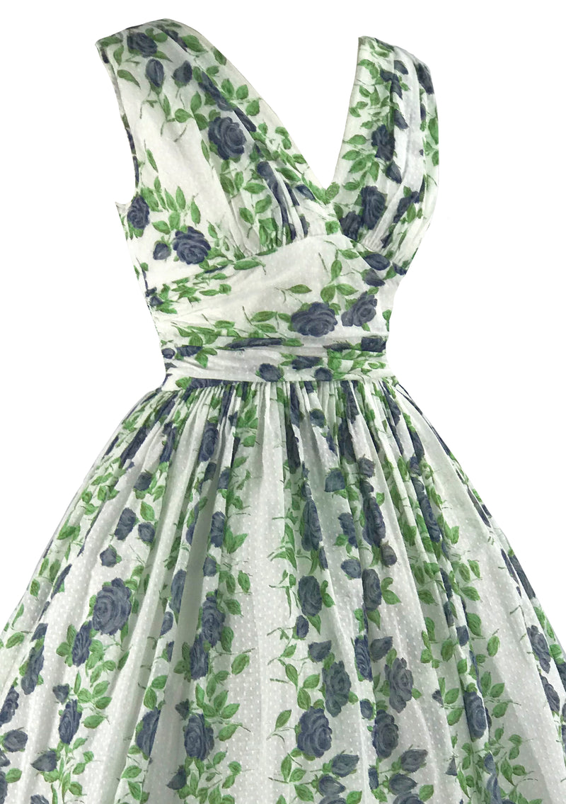 Vintage 1950s Trailing Blue Roses Swiss Dot Dress- New!