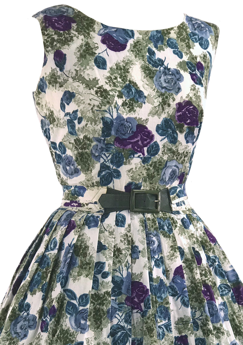 Vintage 1950s Purple & Blue Rose Print Dress- New!