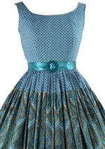 Stunning 1950s Blue Geometric Paisley Border Print Dress- New!